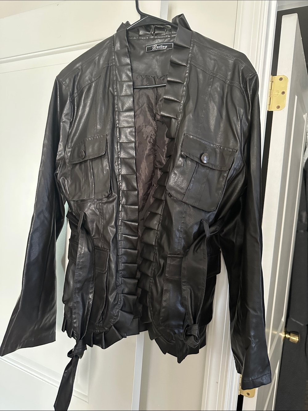 Black Faux Leather Ruffled Open Front Jacket